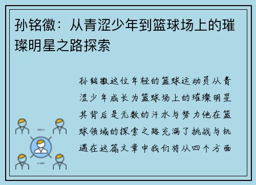 孙铭徽：从青涩少年到篮球场上的璀璨明星之路探索